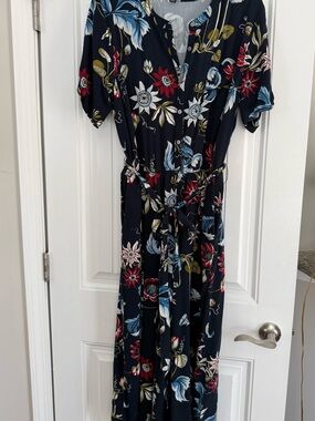 Ann Taylor Factory Navy  Floral Jumpsuit with Tie Waist